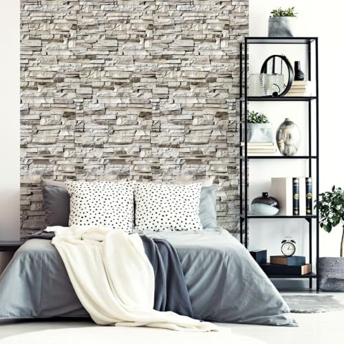 Ambiance Sticker Papier Peint Intissé Pré-encollé Rouleau Wallpaper Parement de Pierres Adhésif Décorative - 1 Roulle de H300 x L60 cm