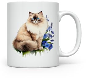 MAXIKIWI - Smooth Durable Ceramic Coffee or Tea Mug for Home or Office - Perfect for Any Occasion - Ragdoll Cat in The Garden - 300ml