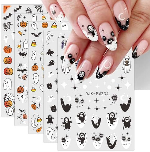 JMEOWIO 9 Sheets Halloween Nail Art Stickers Decals Self-Adhesive Ghost Pumpkin Nail Supplies Nail Art Design Decoration Accessories