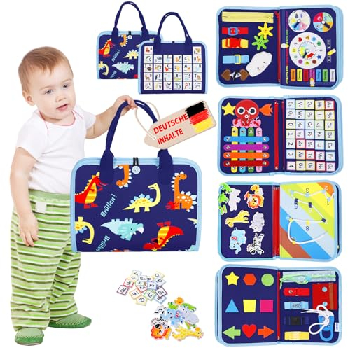 Busy Board Deutsch Montessori Spielzeug ab 1 2 3 4 Jahre, Activity Board Book Kleinkinder Motorikspielzeug, Geschenk Junge Mädchen, Baby Lernspielzeug, Motorikbrett für Reise Auto Flugzeug (Blau)