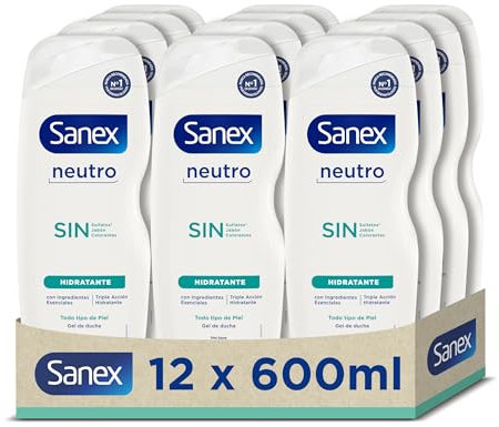 Sanex Gel de Ducha Neutro Hidratante 600 ml, Pack 12, con ingredientes esenciales, 0% sulfatos*, 0% jabón y 0% colorantes, para todo tipo de piel, hidratación duradera, tecnología triple acción