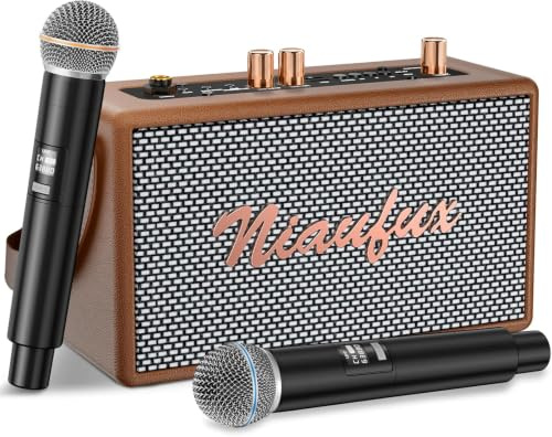 Retro Karaoke Machine with Two Wireless Microphones, Portable Bluetooth Speaker for Adults and Kids, Rechargeable PA System for Home Party, AUX/USB/TF/OTG Support, Vintage Decor Gifts - Brown