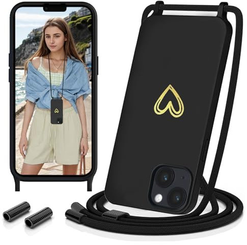 Sebor Handykette für iPhone 14 Hülle mit Band, Silikon Handyhülle mit Kette Gold Herz Muster Necklace Schutzhülle Stoßfest mit Abnehmbar Kordel zum Umhängen für iPhone 14, Schwarz