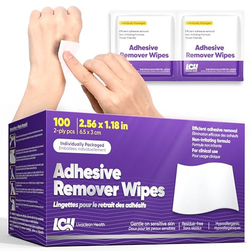 Livaclean Health Adhesive Remover Wipes for Skin 100 CT – Medical Adhesive Remover for Tape, Plaster & Sticky Residue – Individually Wrapped, Non-Greasy 2-Ply 2.56x1.18in (6.5x3cm) Skin Wipes