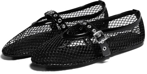 Coutgo Womens Mesh Ballet Flats Mary Jane Fishnet Ballerina Buckle Strap Comfortable Causal Dress Shoes Black