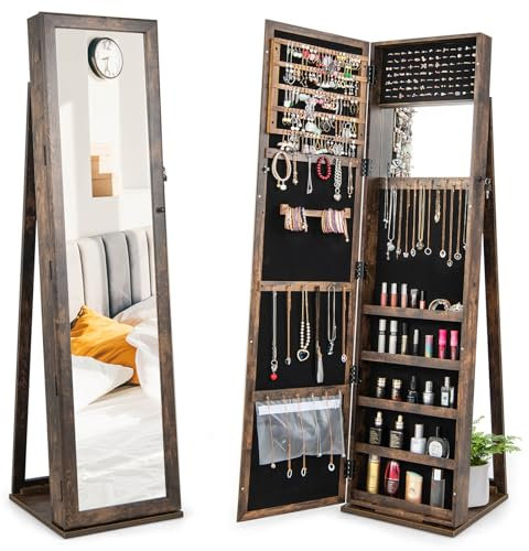 HOMASIS 3 in 1 Schmuckschrank mit 2 Spiegeln & Leiterregal, abschließbares Schmuckregal mit Ganzkörperspiegel & Kosmetikspiegel aus Holz, drehbarer Spiegelschrank für Ketten Ringe Ohrringe (Braun)