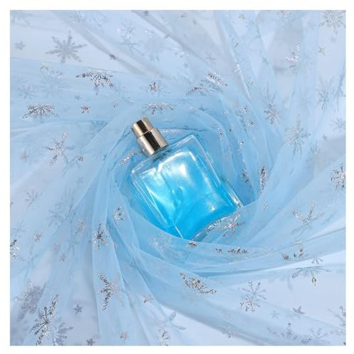 AMateschitz Netzstoff mit Schneeflocken Durchsichtiger Weihnachten Netz Stoff Schneeflocken Druck Tüllstoff Glitzernder Organza Dekostoff für Hochzeit Geburtstag Party Deko KleidDIY Hellblau #2 1Yard