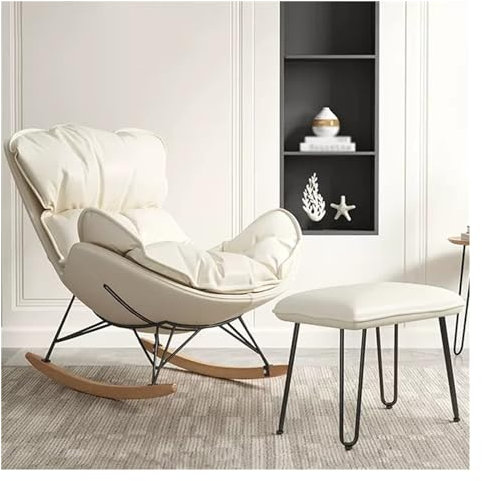 YYRHD-CZ Gepolstertes Glider-Loungesofa Mit Hoher Rückenlehne, Einzelner Schaukelstuhl, Lesesessel, Sessel Mit Fußhocker(White)