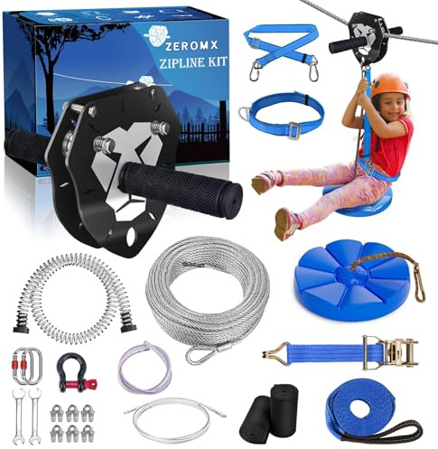 ZEROMX 150ft Zip Line Kit for Kids and Adults Up to 380lb | Upgraded Removable Lion Trolley, 6.5ft Spring Brake, Tree Protectors, Safety Harness & Seat – Zipline Kits for Backyard