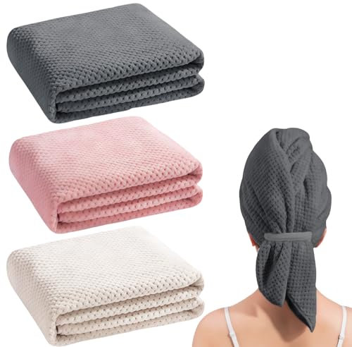 3 Stück Mikrofaser Handtuch Haare, Microfiber Towel Hair Größe Ist 100 x 60 cm, Haarturban Mikrofaser Starke Wasseraufnahme, Turban Handtuch Mit Knopf, Haarhandtuch Mit Knopf Schnell Trocknend