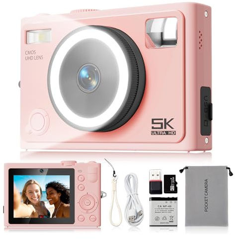 5K Digital Camera – 64MP Autofocus Beauty Camera with 360° Ring Light Smart Skin Recognition, 32GB SD Card That Makes Dark Light Shooting Worry-Free, Point and Shoot Camera for Teens Beginners Pink