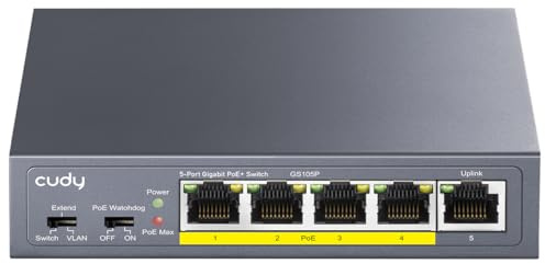 Cudy Switch di rete Ethernet a 5 porte Gigabit e 4 porte PoE+, GS105P | 4 porte GbE 802.3af/at, 1 porta in fibra ottica in upstream, potenza massima di 36 W, capacità di 10 Gbps, profe