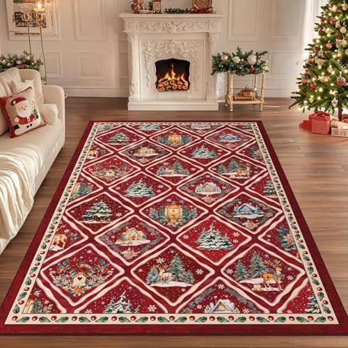Geanup Weihnachtsteppich für Wohnzimmer 120 x 180 cm, Waschbar Rot Teppich Weihnachten Schlafzimmer rutschfest,Weicher Kurzflor Küchenteppich für Esszimmer Kinderzimmer Büro Festtagsdekoration