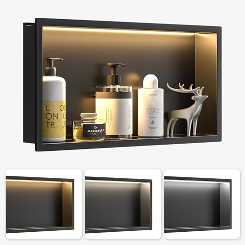 Bernkot Wandnische Dusche Edelstahl mit LED, 30×60×10cm, Schwarz | Einbau-Duschnische mit 3 einstellbaren Farbtemperaturen zur Badezimmeraufbewahrung, ideal für Badrenovierung