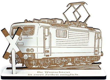 DEKOLANDO Aufsteller E-Lok hell Elektrolok – Geldgeschenk Geschenk 15x10 cm für Lokführer personalisierbar – braune Gravur, Geschenkidee für Eisenbahnfreunde