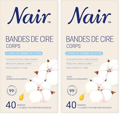 Nair Bandes de Cire Froide, pour le Corps, Kit à Domicile Pour Femmes Enrichi en Huile de graines de Coton, 40 bandes et 4 soins finitions douceur (Lot de 2)