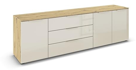 Rauch Möbel Flipp, Kommode, Farbe Glas Beige/Eiche Artisan, Breite 199 cm | Sideboard, 3-türig, 3 Schubladen, Glasfront, Soft-Close-Funktion, für Schlafzimmer, Gästezimmer, Wohnzimmer, Garderobe, Flur