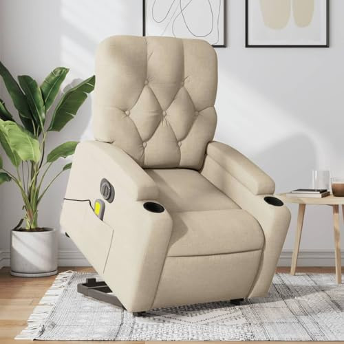 Fecpoo Massagefåtölj med uppresningshjälp och liggfunktion | Vibrationsmassage, tyg (polyester), kräm, 74 x 142 x 75 cm (liggande position) | vardagsrumsfåtölj för äldre