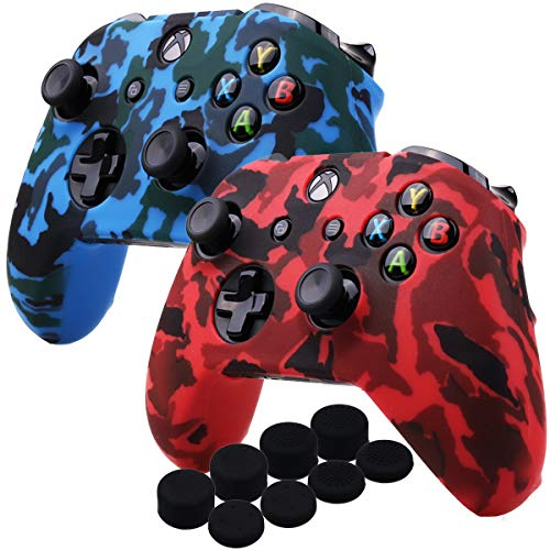 YoRHa Impression par Transfert d'eau Housse en Silicone Coque Custom pour Microsoft Xbox One X & Xbox One S Mantte x 2(Rouge & Bleu) avec Pro Thumb Grip poignée Pouce Pro x 8
