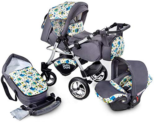GaGaDumi Urbano 3 in 1 Kombikinderwagen Kinderwagen mit Autositz Komplettset incl Babyschale Buggy Wickeltasche Regenschutz Moskitonetz Voll-Gummireifen Grau/Eulenmuster