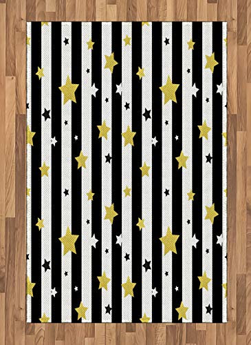ABAKUHAUS Gestreift Teppich, Vertikale Linien Sterne, Deko-Teppich Digitaldruck, Färben mit langfristigen Halt, 120 x 180 cm, Gelb Weiß und Schwarz