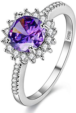 Uloveido Rhodiniert Lila Zirkon Kristall Birthstone Ring, Solitaire Akzent Verlobungsringe für Frauen Y3522 (Lila, Größe 59)