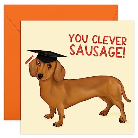 Central 23 - Süße Glückwunschkarte zum Schulabschluss für Sie – „You Clever Sausage“ – süße Glückwunschkarte für Ihn – Hunde-Grußkarten – Well Done Karten für Sie – kommt mit lustigen Aufklebern