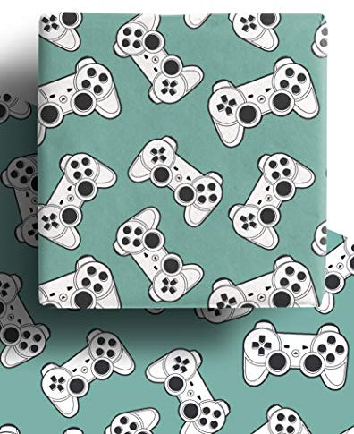 4 x Fathers Day Computer Gaming Wrapping Paper Sheets - Premium Recyclable Green Video Game Controller Gift Wrap for Birthday Boys and Girls | Made in the UK