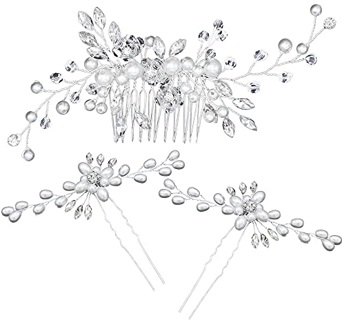 Tucireat Hochzeitshaarschmuck 3-stück Set: Silber, Kristall & Perle, Braut & Kommunion, Frauen, Erwachsene Frauen