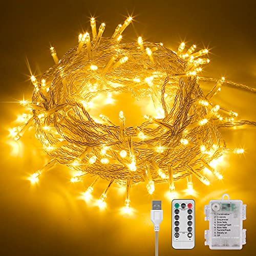 Molbory 12M 120 LED USB Lichterkette mit Timer und Fernbedienung 8 Modi Dimmbar Batterie betrieben Lichterkette Außen Innen für Zimmer Weihnachten Weihnachtsbaum - Warmweiß