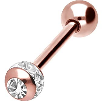 PIERCINGLINE Chirurgenstahl Barbell EPOXYRING KUGEL + KRISTALL Piercing Stab Brust Zunge Roségoldfarben Kristallklar 14 mm