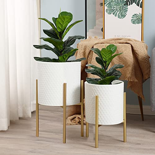 LuxenHome - Macetas para plantas de interior, juego de 2 macetas de interior, maceta blanca con soporte de metal dorado, macetas de lujo para plantas, maceta grande, no impermeable