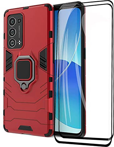 GOKEN Coque pour Oppo Reno 6 Pro 5G (Oppo Reno6 Pro 5G) + 2 Verre Trempé, Antichoc Housse Protection Etui ave Anneau Rotation de 360 ° Degres, PC/TPU Bumper Armor Protection Case Cover, Rouge