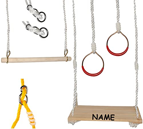 alles-meine.de GmbH 6 TLG. Turnschaukel Set incl. Name - Schaukel aus Holz & Ringe & Trapez & 2 Seile/Kinderschaukel - Höhen verstellbar - Turngeräte - Holzschaukel Kinder - ..