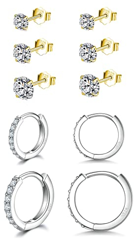 2 Paar Creolen 3 Paar ohrstecker Ohrringe für Damen, klein Ohrringe Set mit Zirkonia, 925 Silber Creolen Hypoallergen Klein Schlafen Kreolen Silber/Gold