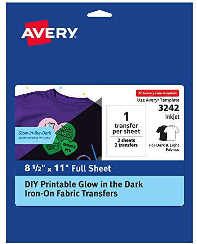 Avery 03242 Stoff-Transferpapier, leuchtet im Dunkeln, 21,6 x 27,9 cm, bedruckbare Wärmeübertragungen für Tintenstrahldrucker, 2 Blatt