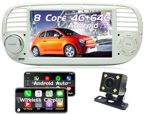 Autoradio per Fiat 500 Carplay Bluetooth Android 13,Stereo per Fiat 500 2007-2016 7 pollici Touchscreen, 8-Core 64GB ROM 4GB Auto con GPS/WiFi/BT/Radio/FM/USB/Mic/SIM Bianco