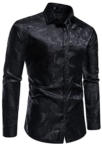 AIEOE Chemise à Manches Longues pour Homme Imprimé Floral Décontractée Boutonnée Coupe Ajustée à Motif de Roses Noir XL