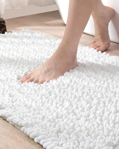DEXI Badematte 50 x 80 cm, rutschfeste Badezimmermatte, saugfähiger und weicher Chenille-Badezimmerteppich, maschinenwaschbar, Bequeme Bodenmatte für Badewanne, WC, Duschraum, Weiß