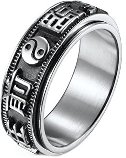 Mesnt Herren Ringe Edelstahl, Vintage Yin Yang Chinesische Mantra Anti-Stress-Spinner-Ring Silber Größe 54 (17.2)