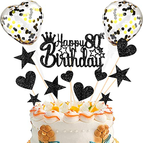 DKBT Personalised Cake Decorations 80th Happy Birthday Cake Toppers Glitter Cupcake Topper for Girls Boys Party Supplies for Black Theme Birthday Party Anniversary