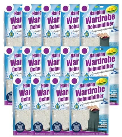 x14 Disposable Wardrobe Dehumidifier Hanging Bags - Specially Designed to Remove Moisture from Wardrobes - Absorbs Damp, Moisture & Condensation Fast & Effectively (Un-Scented)