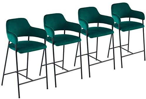 CLIPOP Barhocker 4er Set Samt Gepolsterte Barstühle mit Armlehne und Hohler Rückenlehne Tresenhocker Küchenhocker Barsessel Esszimmerstühle mit Matten Metallbeinen,Grün