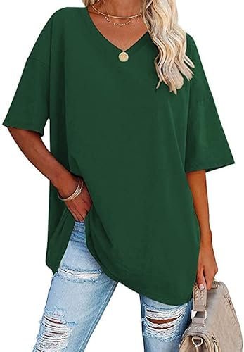 Ebifin Maglietta Oversize da Donna con Scollo a V Manica Corta Casual Sciolto di Base Estivo Magliette Camicetta.Verde.XXL