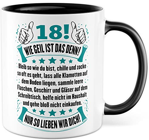 18 Tasse Geburtstag Geschenk Kaffeetasse achtzehn lustige Geschenkidee volljährig Sohn Kaffee-Becher Humor chillen zocken Spruch Teenager 18ter Familie Witz (18)
