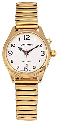 QIATKWH Deutsch sprechende Uhr,Goldschale, Gold verstellbare Länge Edelstahl einziehbares Uhrenarmband,Damenstil