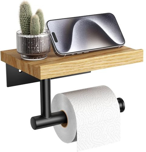 Tindbea Toilettenpapierhalter mit Holzregal, Wandhalterung, Toilettenpapierrollenhalter, mattschwarzer Edelstahl, Badezimmer-Zubehör, Dekor für Haushalt, Wohnung, Toilette, unverzichtbar (rote Eiche)