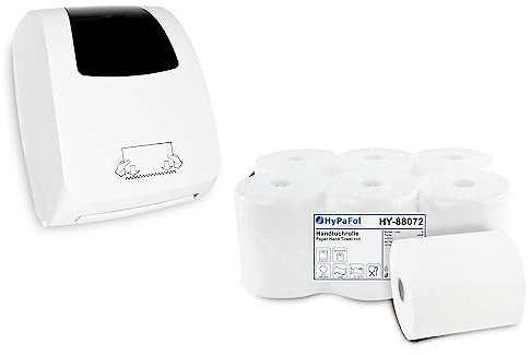 Hypafol Set Handtuchrollenspender mit Papierhandtuchrolle | Autocut, weißer Kunststoff | abschließbar | einfache Bedienung | 2-lagige Handtuchrolle mit 20 cm Rollenbreite, Zellstoffmix, 130 Laufmeter