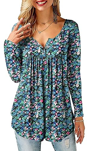 Beluring Womens T Shirts Casual Long Sleeve Tops Smock V Neck Henley Top Floral Navy Blue Size 18 20