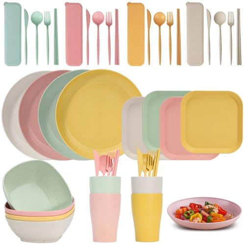 36 Pcs Unbreakable Camping/Picnic Dinner Sets, Dinnerware Set for 4, Melamine Dinnerware Sets -Plates, Bowls, Cups, Cutlery Sets, Lightweight Wheat Dinnerware